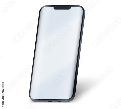 Smartphone UI presentation mockup. Sample frameless black model smartphone with notch and touchscreen showcase in perspective. Technology application mockup. Vector Illustration