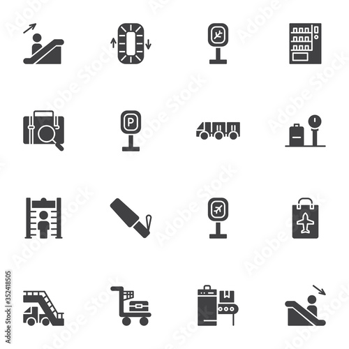 Airport service vector icons set, modern solid symbol collection, filled style pictogram pack. Signs, logo illustration. Set includes icons as airport security check point metal detector, conveyor