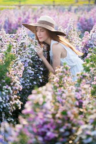 Beautiful asian woman with a hat posing and holding purple Margaret flower in sunset.