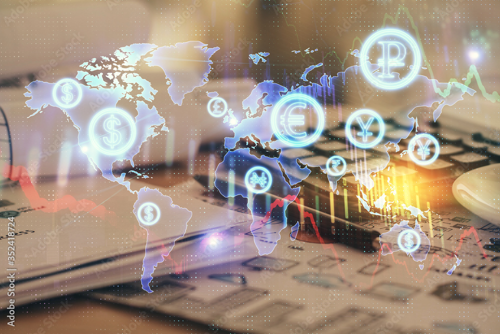 Fototapeta premium Double exposure of financial chart drawings and desk with open notebook background. Concept of forex market