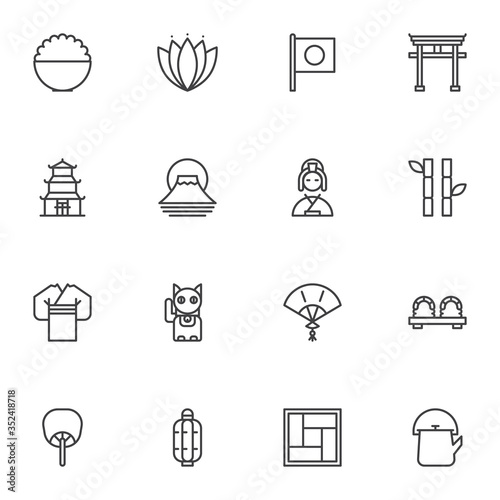 Japanese culture line icons set, outline vector symbol collection, linear style pictogram pack. Signs, logo illustration. Set includes icons as geisha kimono, sushi roll, torii gate, flag of Japan