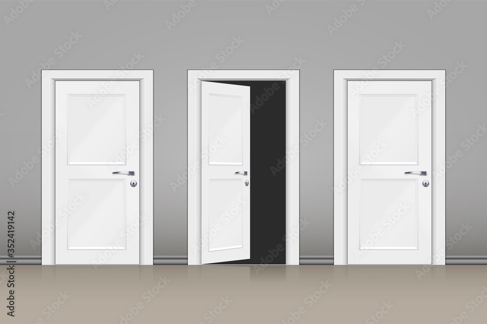 Interior of grey wall with closed two doors and open one door. Classic room concept. Vector Illustration. Interior of grey wall with closed two doors and open one door. Classic room concept. Vector Illustration.