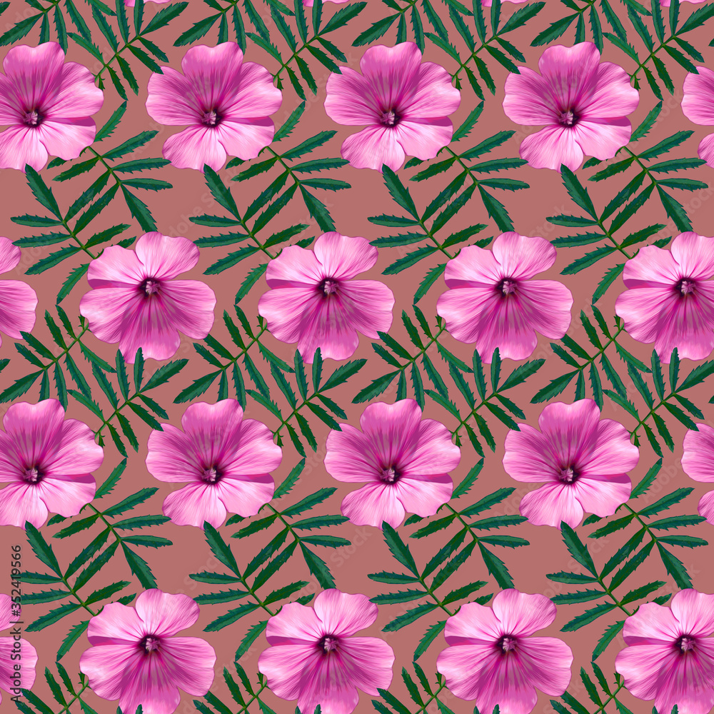 Seamless pattern with pink Geranium flowers and green leaves on red background. Endless colorful floral texture. Raster illustration.