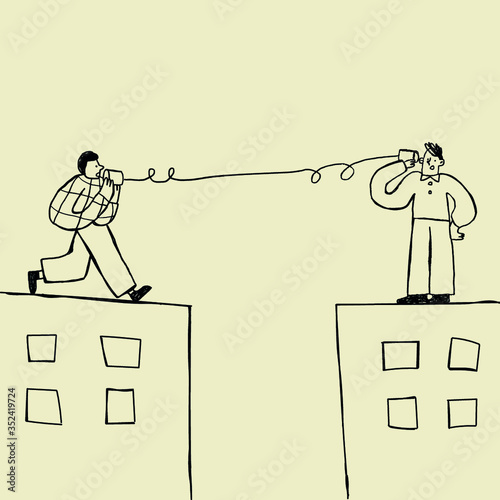 Men talking with cup telephone while in social isolation vector