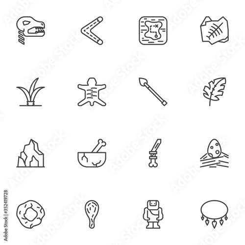 Prehistoric age line icons set, outline vector symbol collection, linear style pictogram pack. Signs, logo illustration. Set includes icons as dinosaur skeleton, spear, hunting boomerang, ancient man