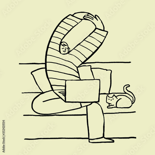 Man working from home with his cat sitting aside doodle element vector