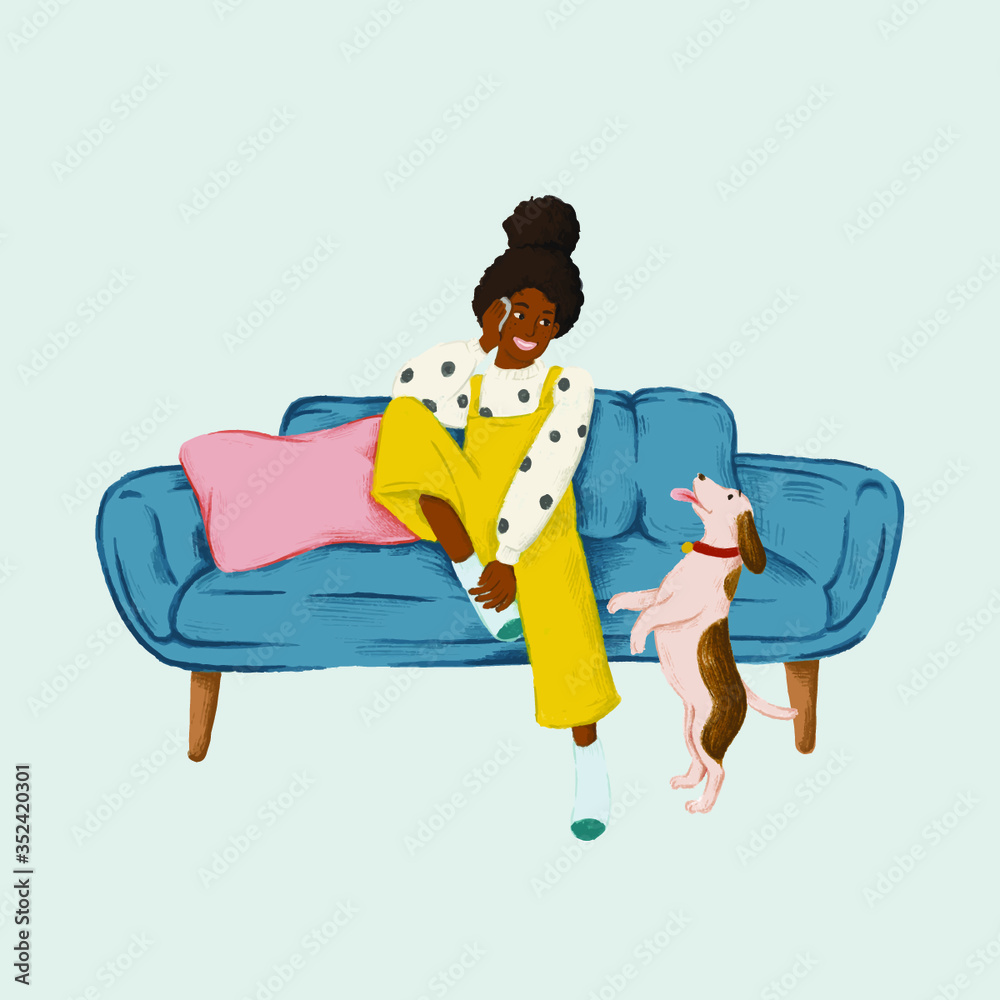 Girl talking on a phone on a blue couch sketch style vector