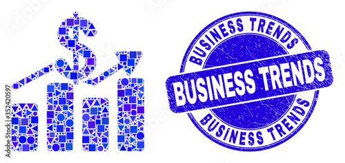 Geometric dollar trends mosaic icon and Business Trends seal stamp. Blue vector round textured stamp with Business Trends phrase. Abstract composition of dollar trends combined of round, triangles,