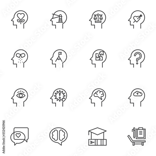 Human psychology line icons set, outline vector symbol collection, linear style pictogram pack. Signs, logo illustration. Set includes icons as brain activity, human intelligence, questions, answers