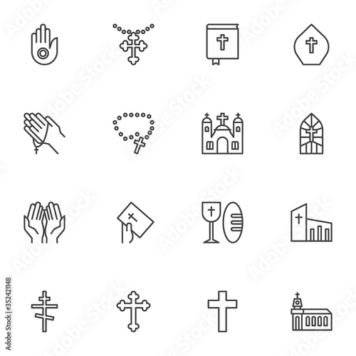 Religion line icons set, christianity outline vector symbol collection, linear style pictogram pack. Signs, logo illustration. Set includes icons as crucifix cross, prayer hands, church building