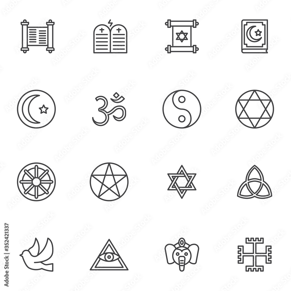 Religion line icons set, outline vector symbol collection, linear style pictogram pack. Signs, logo illustration. Set includes icons as islam, judaism, buddhism, christianity, moon, star, jewish, dove Religion line icons set, outline vector symbol collection, linear style pictogram pack. Signs, logo illustration. Set includes icons as islam, judaism, buddhism, christianity, moon, star, jewish, dove