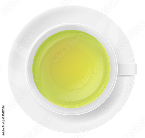 White porcelain cup of green tea, top view. Vector illustration.