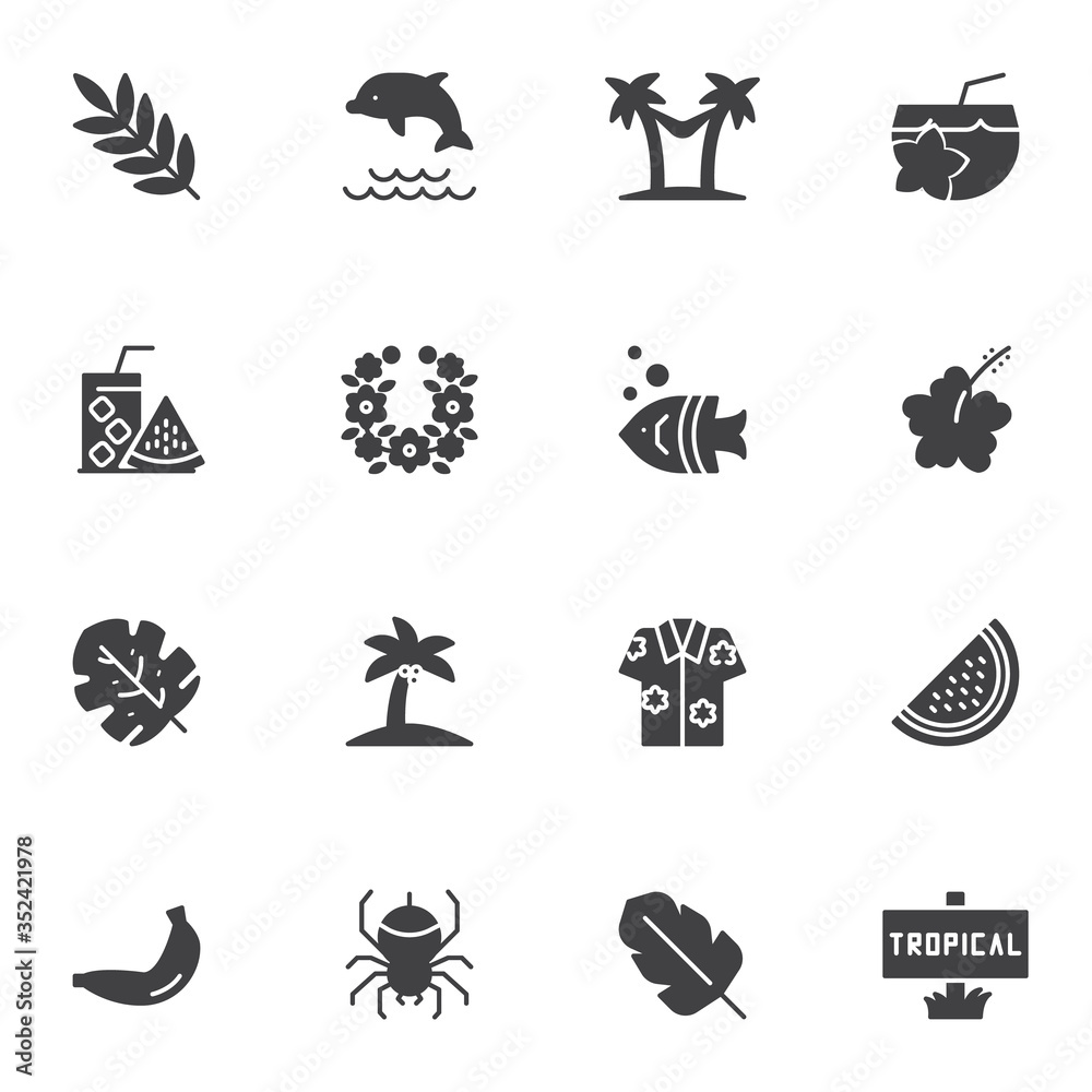 Tropical vacation vector icons set, modern solid symbol collection, filled style pictogram pack. Signs, logo illustration. Set includes icons as palm tree beach, fresh lemonade, watermelon, cocktail Tropical vacation vector icons set, modern solid symbol collection, filled style pictogram pack. Signs, logo illustration. Set includes icons as palm tree beach, fresh lemonade, watermelon, cocktail