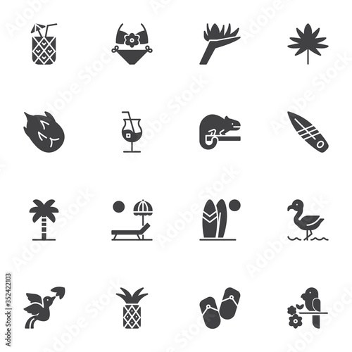 Summer travel vector icons set, modern solid symbol collection, filled style pictogram pack. Signs, logo illustration. Set includes icons as tropical fruit, swimsuit, exotic animals, cocktail drink