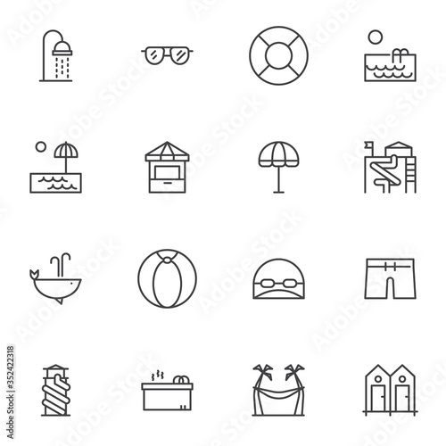 Water park line icons set, outline vector symbol collection, linear style pictogram pack. Signs logo illustration. Set includes icons - shower, sunglasses, swimming pool, jacuzzi, slides, summer beach