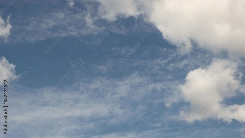 Clear blue sky with cumulus clouds that stand still and cirrus clouds that float. Joyful mood. High pressure and difference in movement in the atmosphere. Ecology of clean air. Weather forecast Clear blue sky with cumulus clouds that stand still and cirrus clouds that float. Joyful mood. High pressure and difference in movement in the atmosphere. Ecology of clean air. Weather forecast