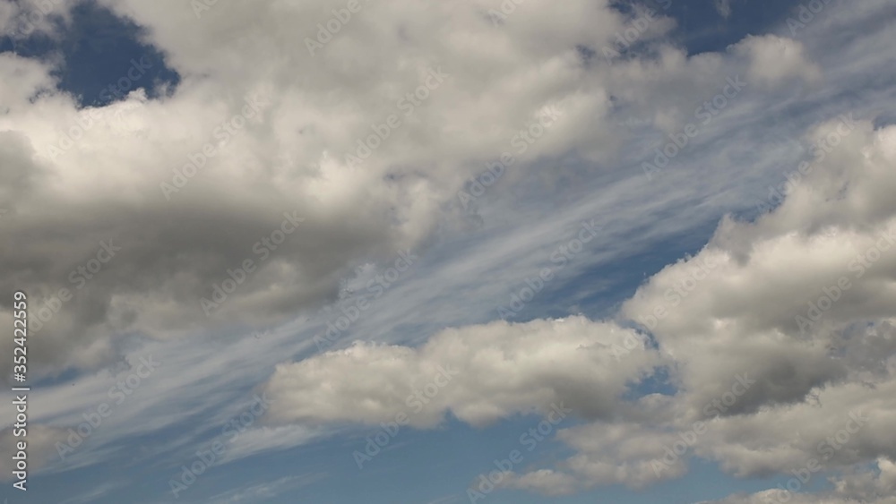 Clear blue sky with cumulus clouds that stand still and cirrus clouds that float. Joyful mood. High pressure and difference in movement in the atmosphere. Ecology of clean air. Weather forecast Clear blue sky with cumulus clouds that stand still and cirrus clouds that float. Joyful mood. High pressure and difference in movement in the atmosphere. Ecology of clean air. Weather forecast