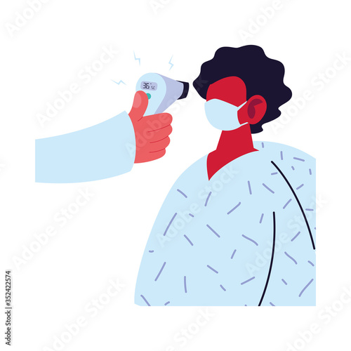 Hand holding thermometer gun checking man temperature vector design