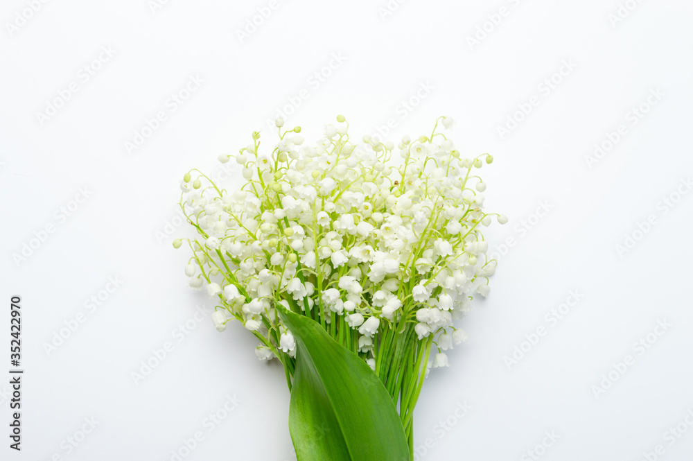 Beautiful bouquet of lilies of the valley on a white background, top view