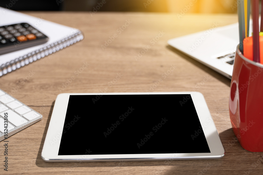 Laptop with blank screen on table. Workspace background new project on laptop computer with blank copy space screen for your advertising text message Laptop with blank screen on table. Workspace background new project on laptop computer with blank copy space screen for your advertising text message