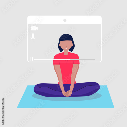 Yoga online, meditation tutorial, stay at home order concept. Live stream, internet education. Girl sitting in a yoga position. For banner, website design, social media. Flat vector illustration.