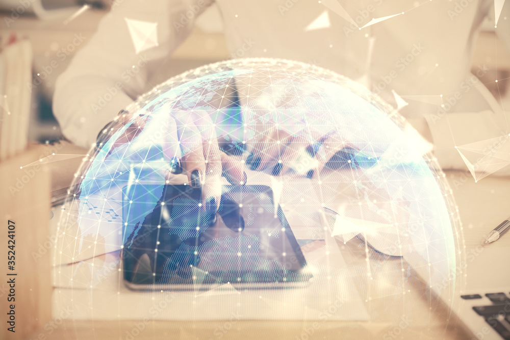 Double exposure of business theme sketch hologram and woman holding and using a mobile device. Double exposure of business theme sketch hologram and woman holding and using a mobile device.