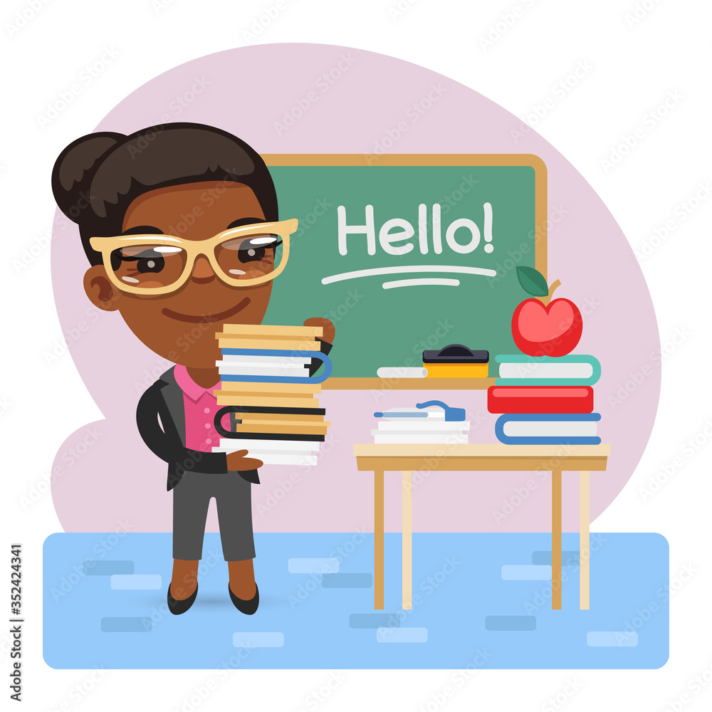 Cartoon English teacher with books in front of a blackboard with the phrase hello. Composition with a professional. Flat female character. Cartoon English teacher with books in front of a blackboard with the phrase hello. Composition with a professional. Flat female character.