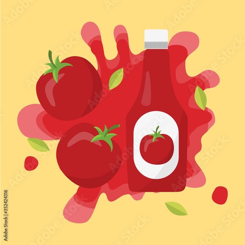 fresh tomatoes and a bottle of ketchup with splash behind