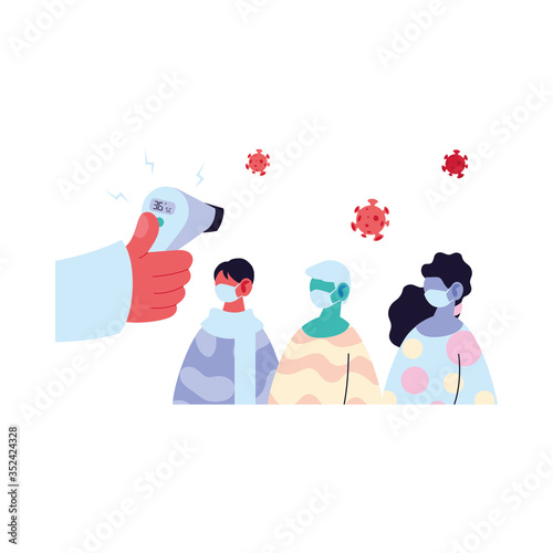Hand holding thermometer gun checking people temperature vector design