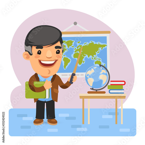 A cartoon geography teacher in the classroom points to a world map in front of a table with a globe. Composition with a professional. Flat male character.