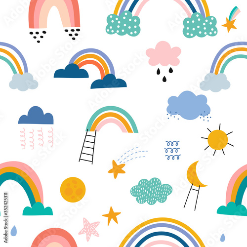 Cute rainbow, clouds, rain, stars and moon hand drawn seamless vector fill. Cute childish drawing. Baby wrapping paper, textile, vector illustration