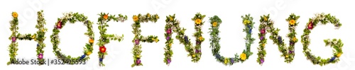 Flower, Branches And Blossom Letter Building German Word Hoffnung Means Hope. White Isolated Background