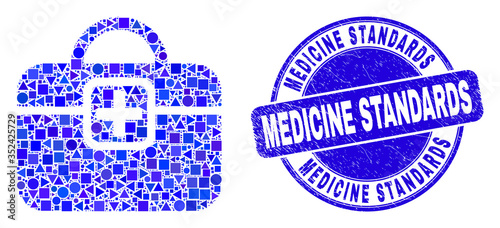 Geometric first-aid case mosaic pictogram and Medicine Standards seal stamp. Blue vector round scratched seal stamp with Medicine Standards text. Abstract concept of first-aid case created of round,