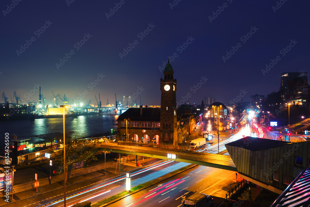 Port of Hamburg on the river Elbe in Germany at night