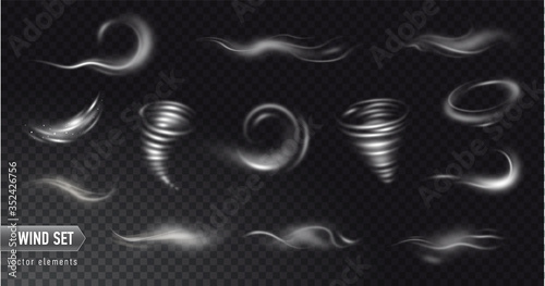 Vector realistic set of high detailed wind or dust cloud isolated on transparent background. Effect of white smoke, fog, spray.