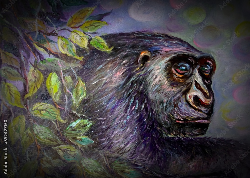Art painting Oil color Orangutan monkey family thailand	