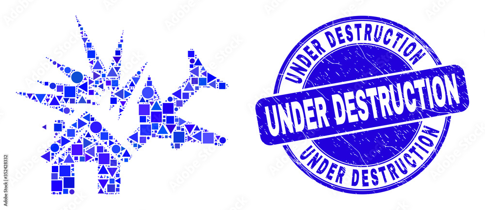 Geometric airplane disaster mosaic icon and Under Destruction seal stamp. Blue vector rounded distress stamp with Under Destruction caption.