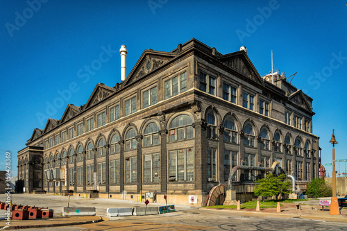 old power plant -in St Louis riverfront - windows and brick walls wirh sandstone decoration