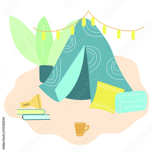 Blanket fortress, tent at home for children ir teenagers with pillows and garland. Home party. Flat vector illustration.