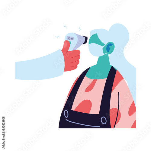 Hand holding thermometer gun checking woman temperature vector design