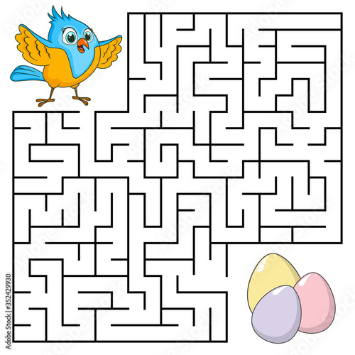 Square maze for kids with cartoon Bird. Find right way to the Eggs. Entry and exit. Puzzle Game with answer. Learning Labyrinth conundrum. Education worksheet. Activity page. Logic Games for kids.