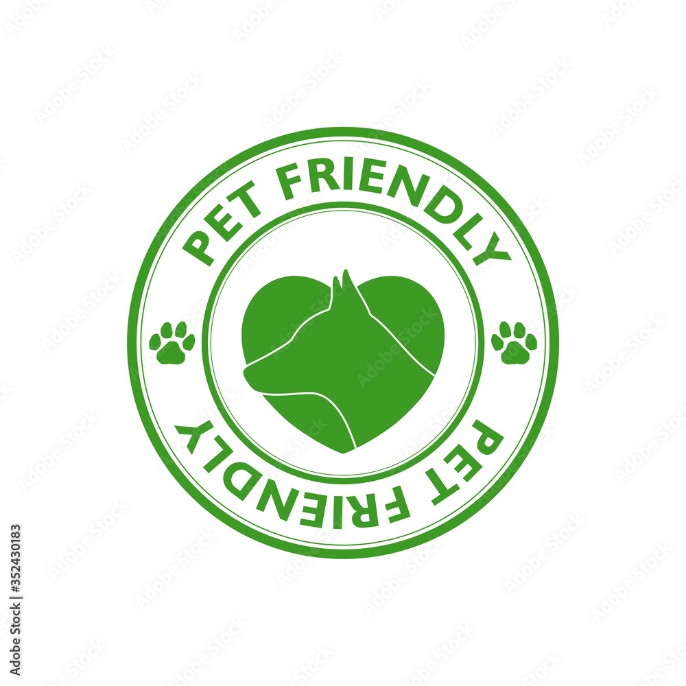 Pet paw or dog label, stamp or sticker with pet friendly text isolated on white background Pet paw or dog label, stamp or sticker with pet friendly text isolated on white background