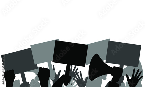 Protest. A crowd of people with banners, a megaphone, dissatisfied during the riot, show their fists, isolated on a white background. Vector stock illustration with copy space.