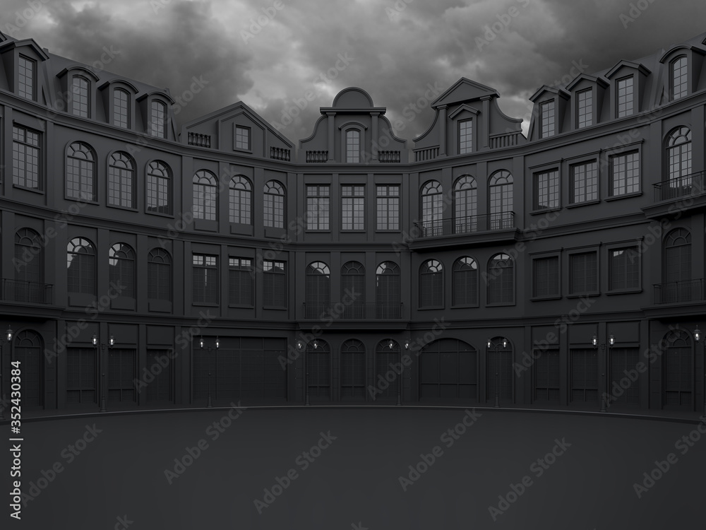Empty plaza surrounded with black classical style building with rain cloud background 3d render