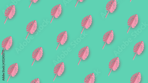Abstract green background with pink monstera leaves .Vector. Summer tropical leaf. Origami exotic hawaiian jungle, summertime background. Paper cut style.