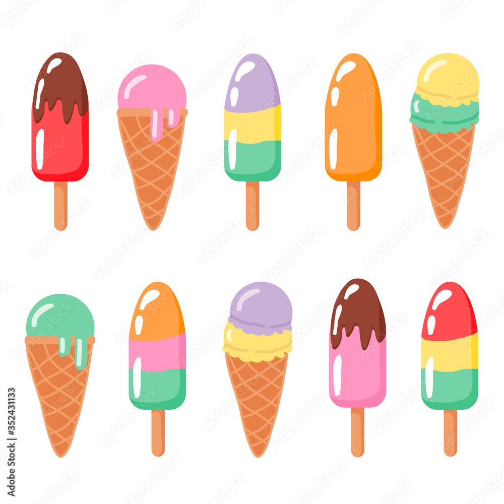 Set of hand drawn ice cream cones and popsicles, tasty colorful collection of cute simple ice creams isolated on white background. Vector illustration for web design, print, stickers or greeting cards Set of hand drawn ice cream cones and popsicles, tasty colorful collection of cute simple ice creams isolated on white background. Vector illustration for web design, print, stickers or greeting cards