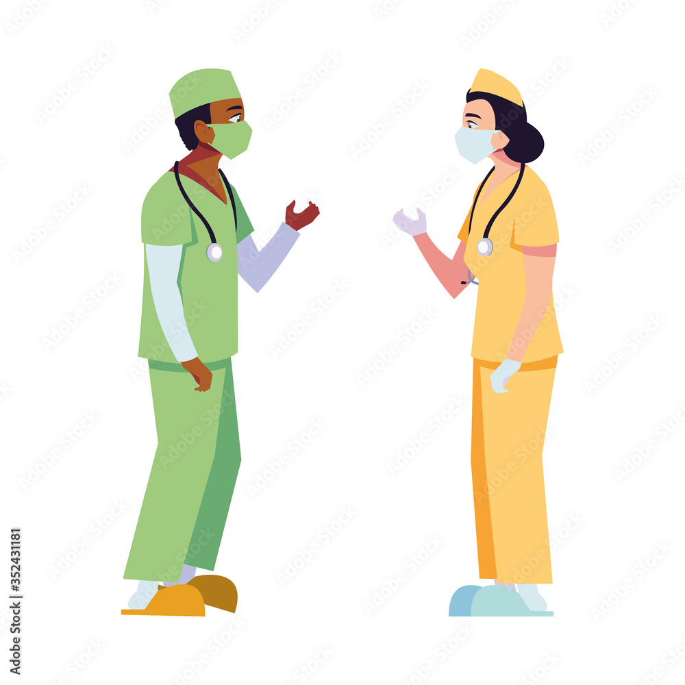 Man and woman doctor with uniforms and masks vector design Man and woman doctor with uniforms and masks vector design
