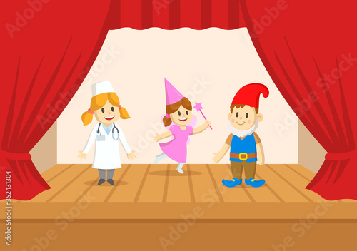 Kids in fairy costumes performing on the stage of the theater. The play in the kindergarten. Colorful flat vector illustration, isolated on white background.