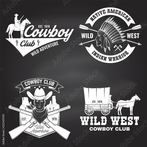 Set of cowboy club badge on chalkboard. Wild west. Vector. Concept for shirt, logo, print, stamp, tee with cowboy and covered wagon. Vintage typography design with western wagon silhouette