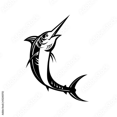 Atlantic Blue Marlin Jumping Retro Woodcut Black and White